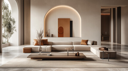 Italian minimalist-style indoor living room with a warm coffee color palette. Use large areas of soft latte-colored walls paired with smooth beige marble flooring. In the center, place a low-profile 
