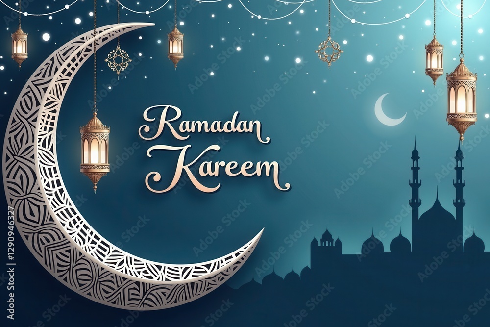 Fototapete a beautifully designed ramadan kareem greeting card featuring an elegant crescent moon with intricat
