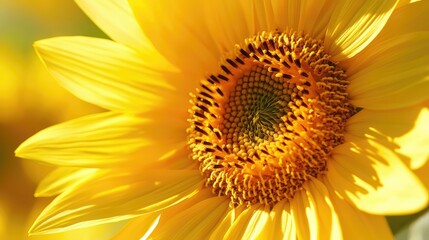 Fototapeta premium Close-up of sunflower seeds developing in the center of a bright yellow flower, ample clear space for copy.