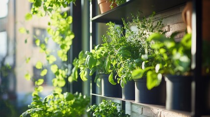 Fototapeta premium Close-up of vertical farming system on a city balcony growing fresh herbs in containers, modern urban agriculture with copy space.