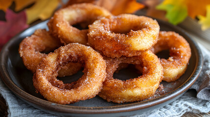 Golden fried apple rings coated in cinnamon sugar, arranged on a rustic plate with autumn leaves in the background.