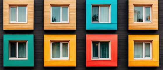 Obraz premium Multi-colored building with a unique exterior design against a bright blue sky