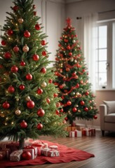 Full-length photo of a decorated Christmas tree with red ball ornaments on the main branch, holiday decorations,