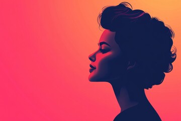 A woman with short hair against a bright pink background