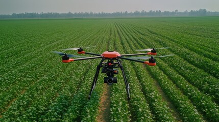 Drone flying over a large farm, monitoring crop health from above with real-time data collection, space for smart farming copy.