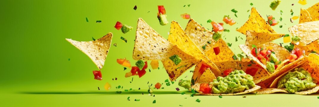 Crunchy nachos flying with bursts of guacamole and salsa on Bright Lime Green Background