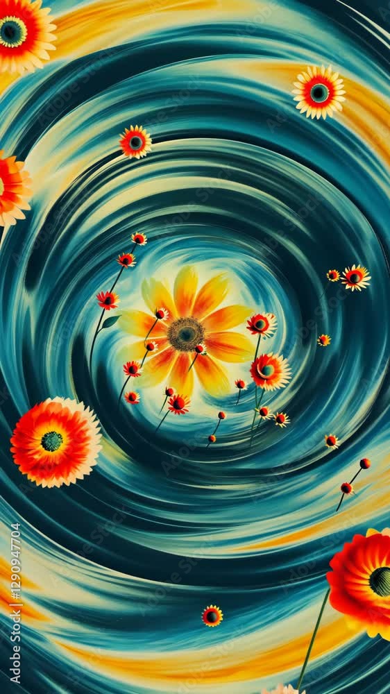 Poster a flower with yellow petals is in the center of a blue and yellow swirl. there are several other flo