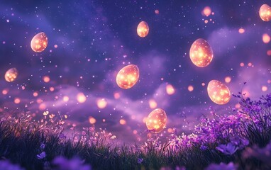 Fototapeta premium Deep lavender night sky with glowing floating Easter egg silhouettes Easter