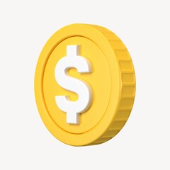 US Dollar coin, 3D clipart, American currency exchange