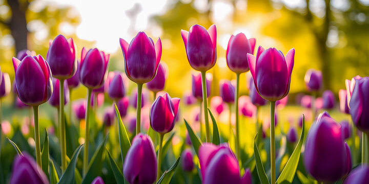 Enchanting field of purple tulips glowing in warm golden light of sunset. Tranquil spring nature, closeup artistic sunlight rays colorful lush foliage flowers meadow. Peaceful calm natural landscape