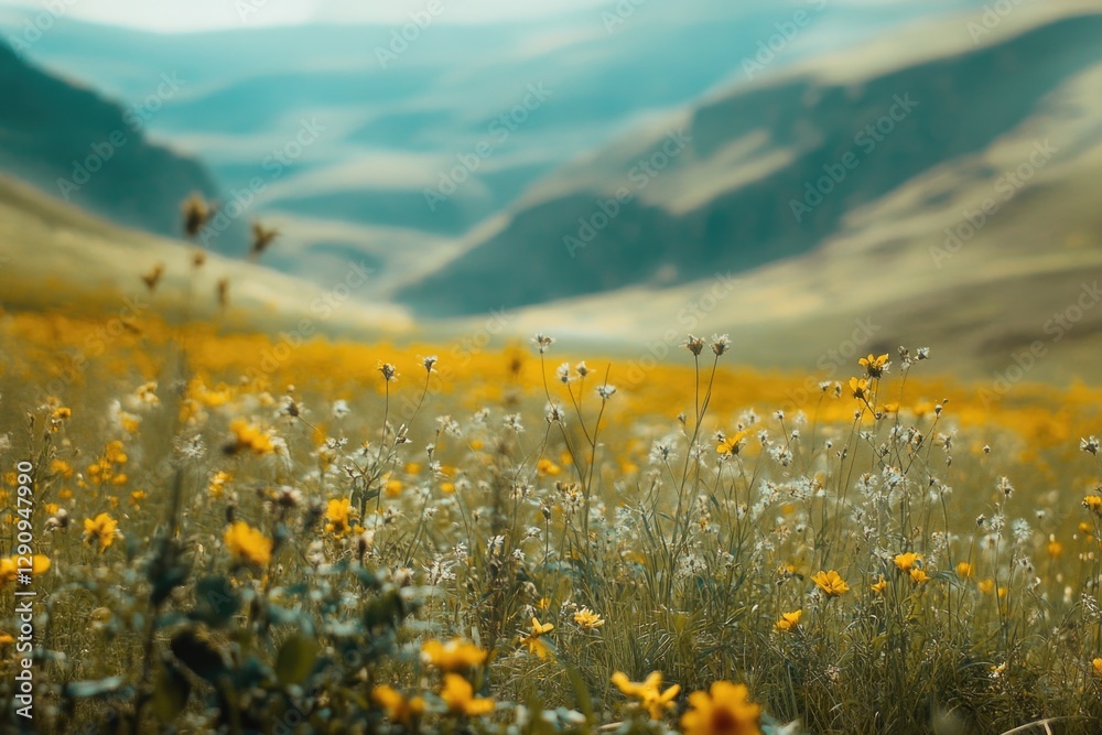 Poster a beautiful yellow field with mountains in the background