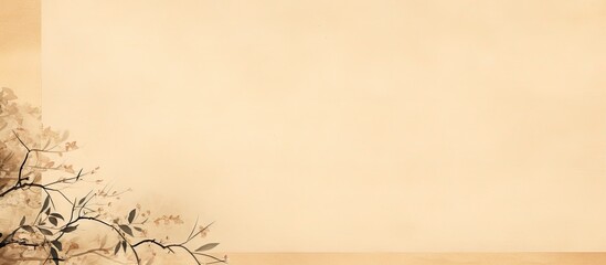 Traditional Hanji Korean paper with a soft beige background, adorned with dark branches and delicate leaves positioned on the left.