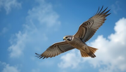Fototapeta premium Soaring Falcon in Clear Blue Sky with Fluffy Clouds