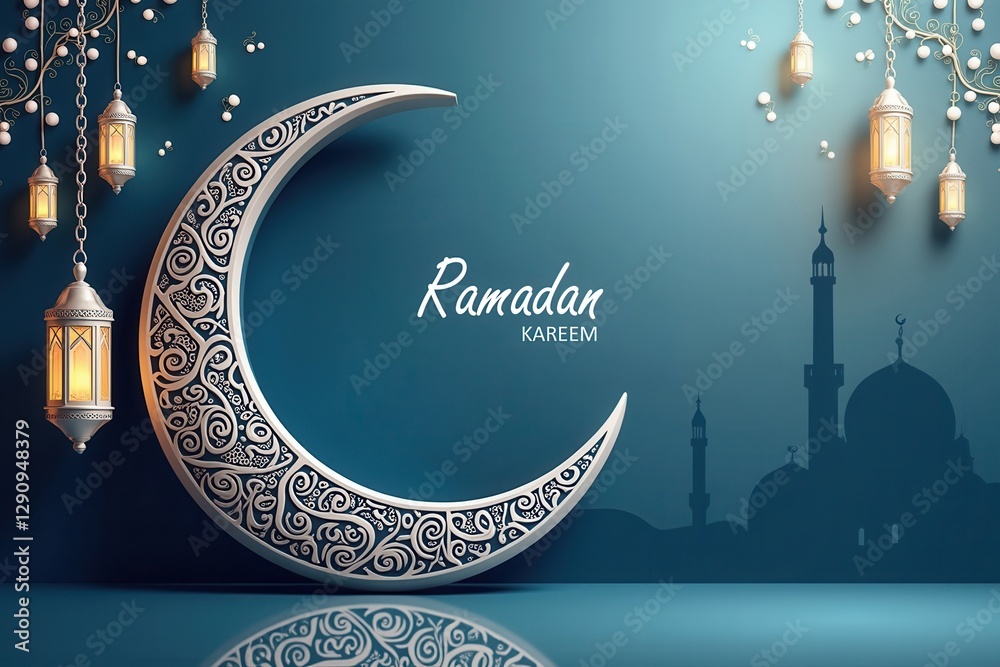 Fototapete a beautifully designed ramadan kareem greeting card featuring an elegant crescent moon with intricat