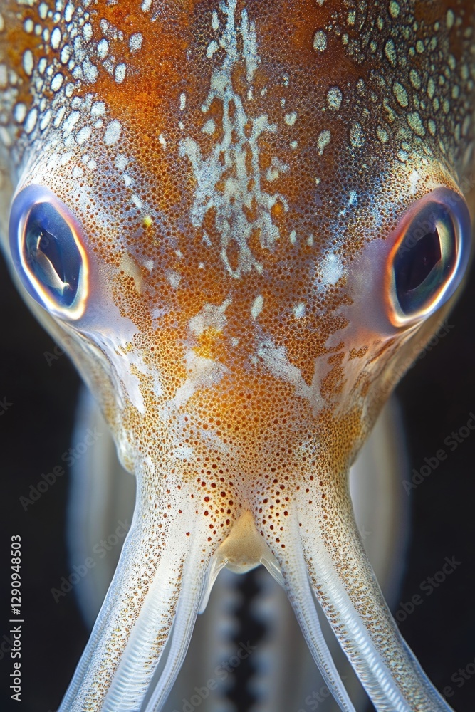 Poster a detailed shot of a squid's head features its distinctive eyes and tentacles