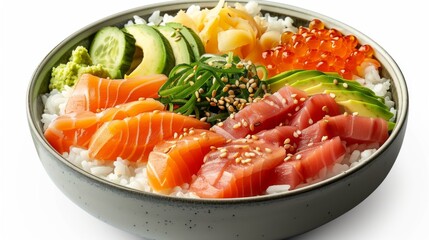 Colorful sushi bowl filled with slices of salmon and tuna, accompanied by fresh vegetables, wasabi, and garnishes, elegantly arranged over a bed of rice for a delightful meal experience.