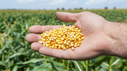 agricultural harvest, a farmer displaying fresh corn kernels against a thriving cornfield background evokes a lifestyle-oriented editorial