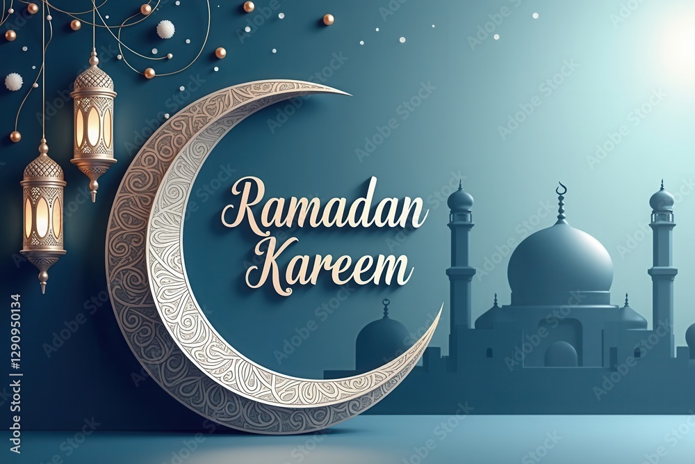 Fototapete a beautifully designed ramadan kareem greeting card featuring an elegant crescent moon with intricat