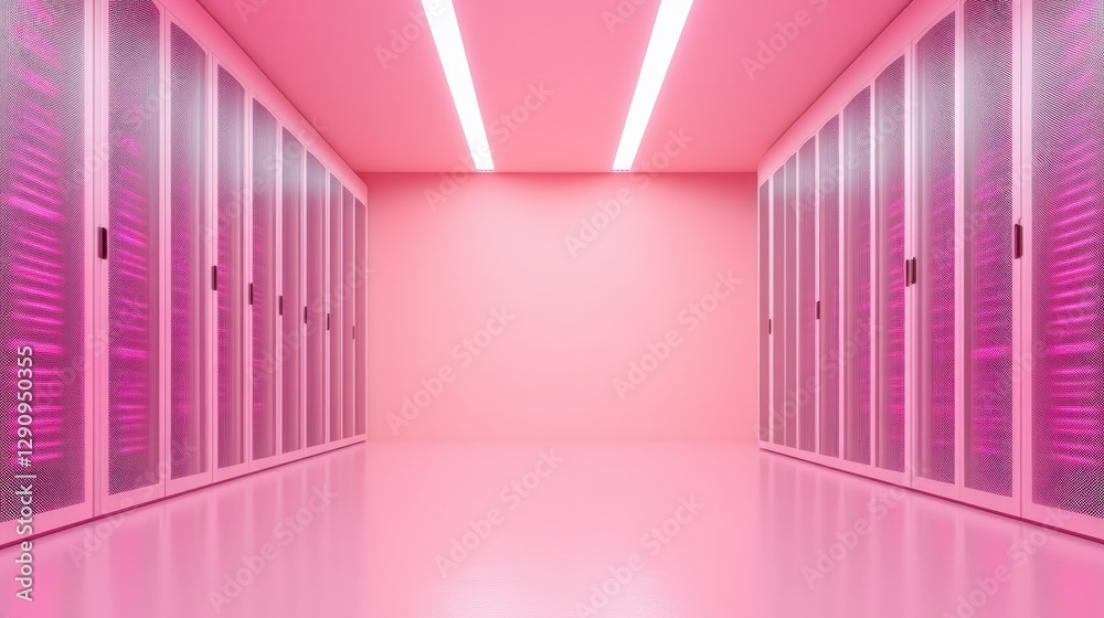Poster bright pink room featuring rows of servers for a unique data center experience