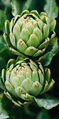 Obraz premium Vibrant Green Artichoke Buds Close-Up of Two Artichokes Growing, Fresh Produce in the Garden