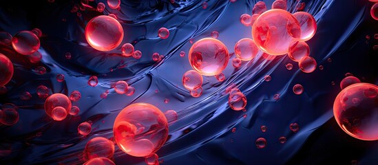 Red spherical cells on a dark blue abstract background illustrating HEK 293 cell culture, emphasizing their role in CRISPR genome engineering studies.