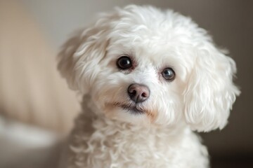 A small white dog sits comfortably on the edge of a bed, waiting for something