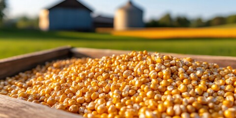 farm harvest display, golden corn kernels spill from a wooden crate onto a rustic table, with a blurred storage barn and silos in the background