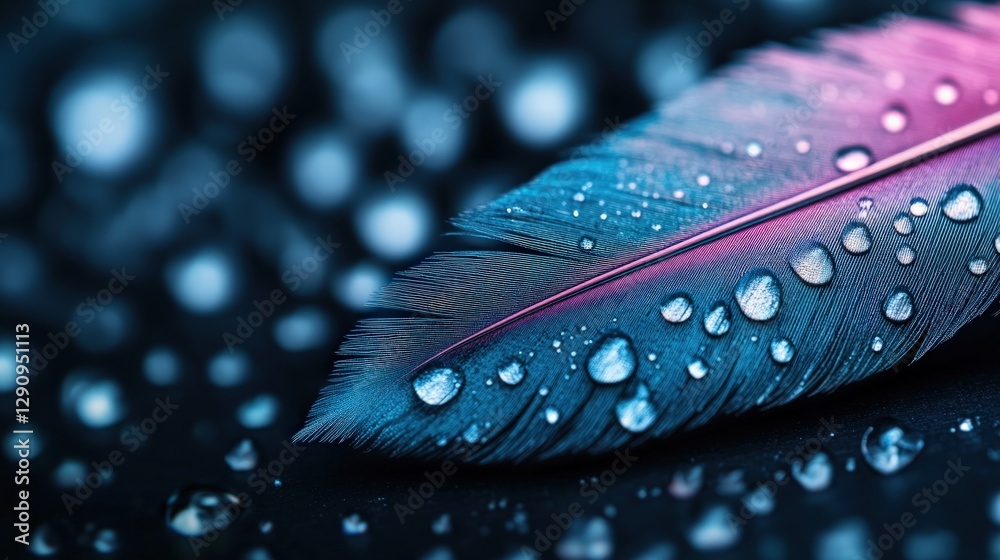 Poster close-up of colorful feather with water drops on dark background