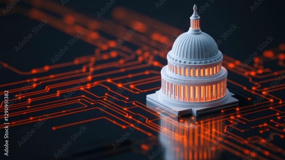 Leinwandbilder Miniature Capitol Building with Circuit Patterns on Dark Background