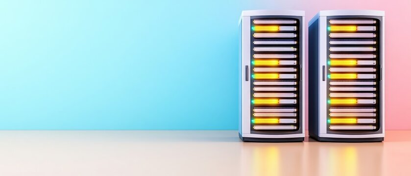 Modern Data Center with Server Racks Illuminated in Bright Colors