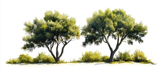 Lush green trees with vibrant foliage isolated on white background showcasing summer essence perfect for printing and web design applications.