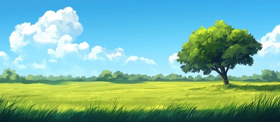 Vibrant green field with lush tree on right side under bright blue sky with fluffy white clouds creating an ideal serene background scene