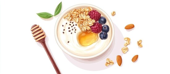 Colorful breakfast bowl featuring Greek yogurt topped with granola, berries, nuts, honey, and chia seeds on a white background with a wooden spoon.