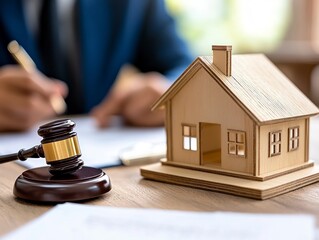 Flat lay of real estate court action with a house model and gavel on a table, a male lawyer in a blue suit writing on a paper from a shoulder-level perspective.