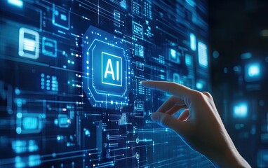 AI technology interface; hand interacts with digital display
