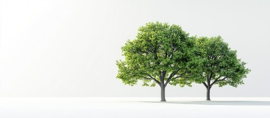 Obraz premium Lush green trees positioned on the right side of a bright white background creating a serene and minimalistic natural scene.