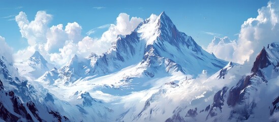 Majestic snowcapped mountain peak under bright blue sky with soft clouds, capturing the serene beauty of winter in the Alps during sunset.