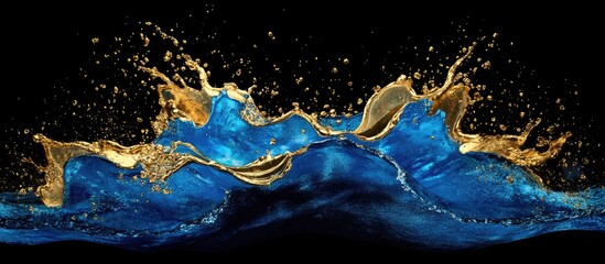Vivid splash of blue powder and glimmering gold water create a striking visual against a black background with dynamic waves and droplets.