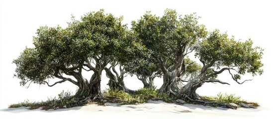 Obraz premium Dense cluster of lush green trees with twisted branches isolated on a white background showcasing detailed foliage and natural textures.