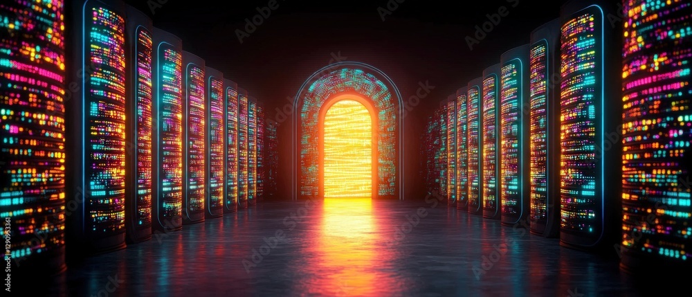 Poster bright light streaming through in a modern server room filled with equipment