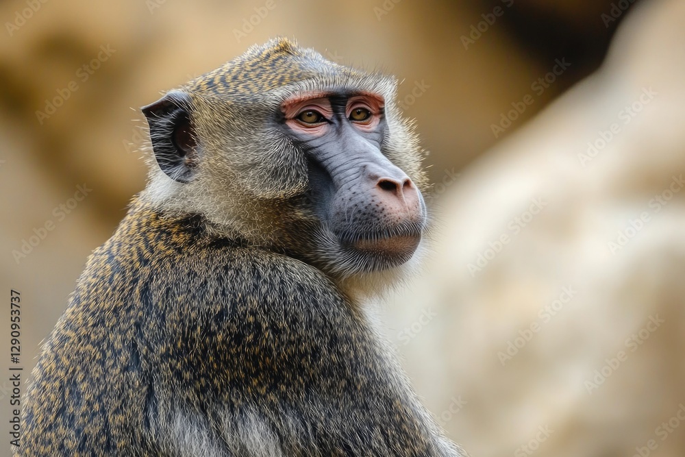 Poster a close-up view of a curious monkey's face, blurred background