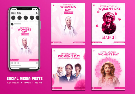 International Women&rsquo;s Day, Social Media Editable Post Set with Text Placeholder. 