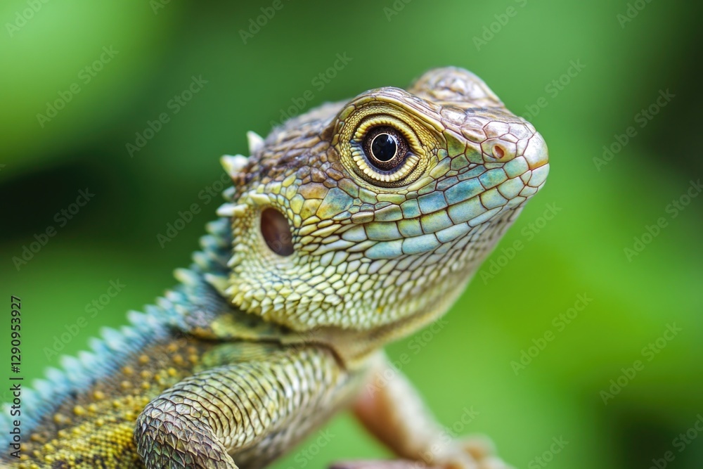 Poster a close-up view of a lizard perched on a branch, its scales and eyes visible