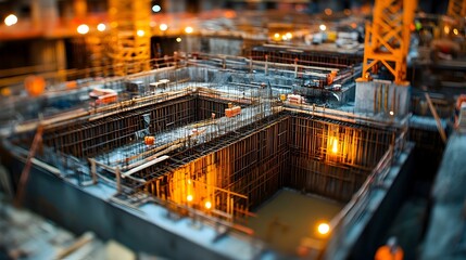 Illuminated Construction Site at Dusk with Cranes and Scaffolding Frameworks
