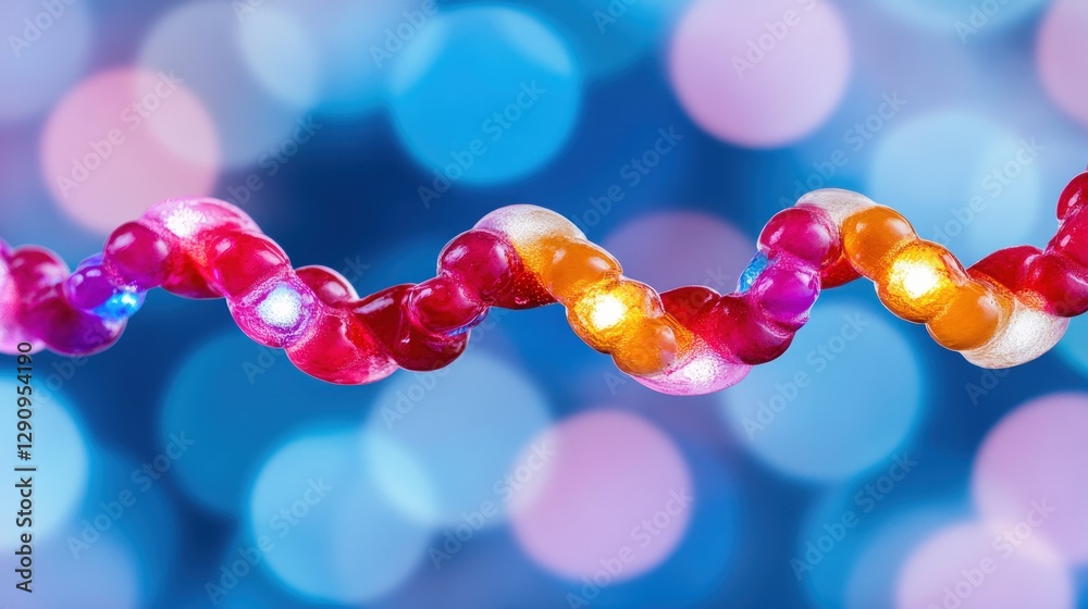 Poster colorful dna helix with bright lights on a soft bokeh background