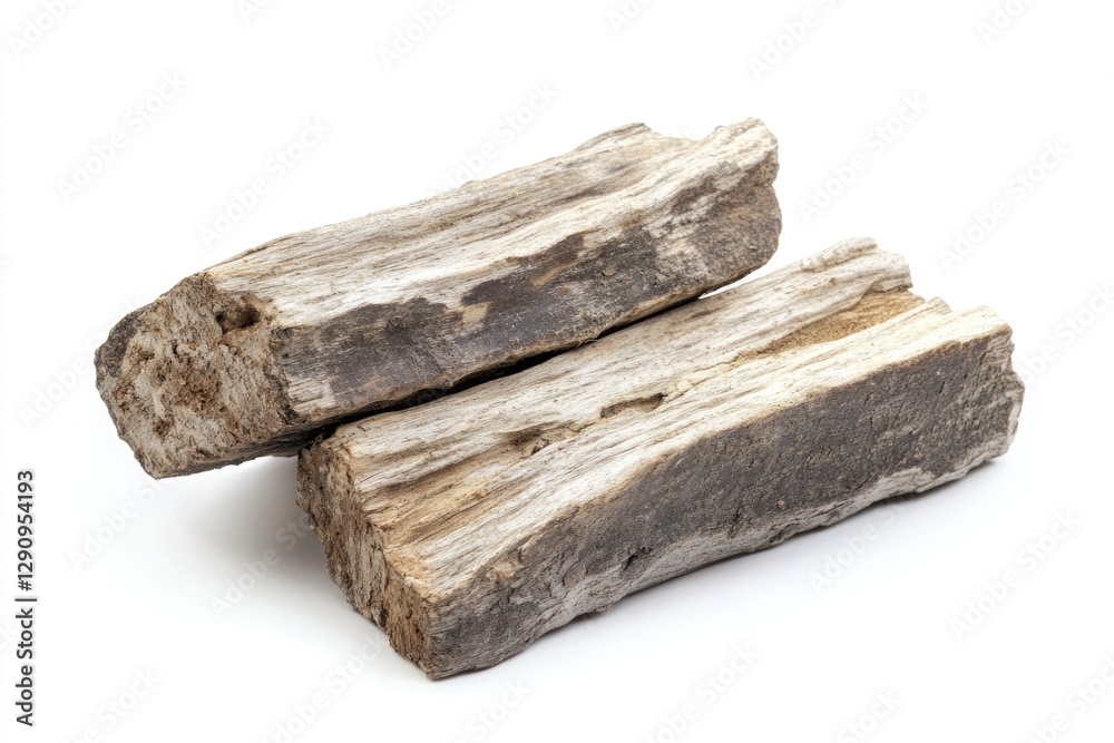 Poster two pieces of weathered driftwood placed on a white surface, ideal for use as a symbol or metaphor i