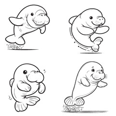 High-Quality Cute Cartoonic outline of Dugong Jumping Pose Vector Illustrations