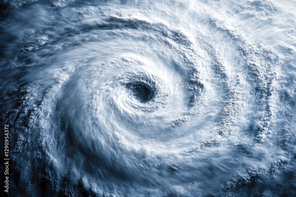 Poster a black and white image of a cyclone cloud formation in the atmosphere