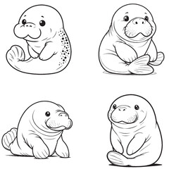 High-Quality Cute Cartoonic  outline of Dugong Sitting Pose Vector Illustrations