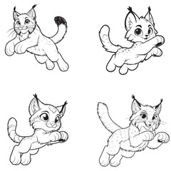 High-Quality  outline Cute Cartoonic Lynx Jumping Pose Vector Illustrations